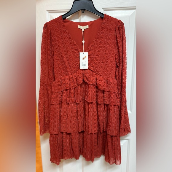 Chelsea & Violet Dresses & Skirts - Rust Red Lace Boho Dress Spring Summer Bohemian Flowy Statement Bell Sleeve